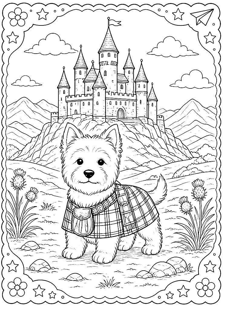 Westie in the Scottish Highlands coloring page