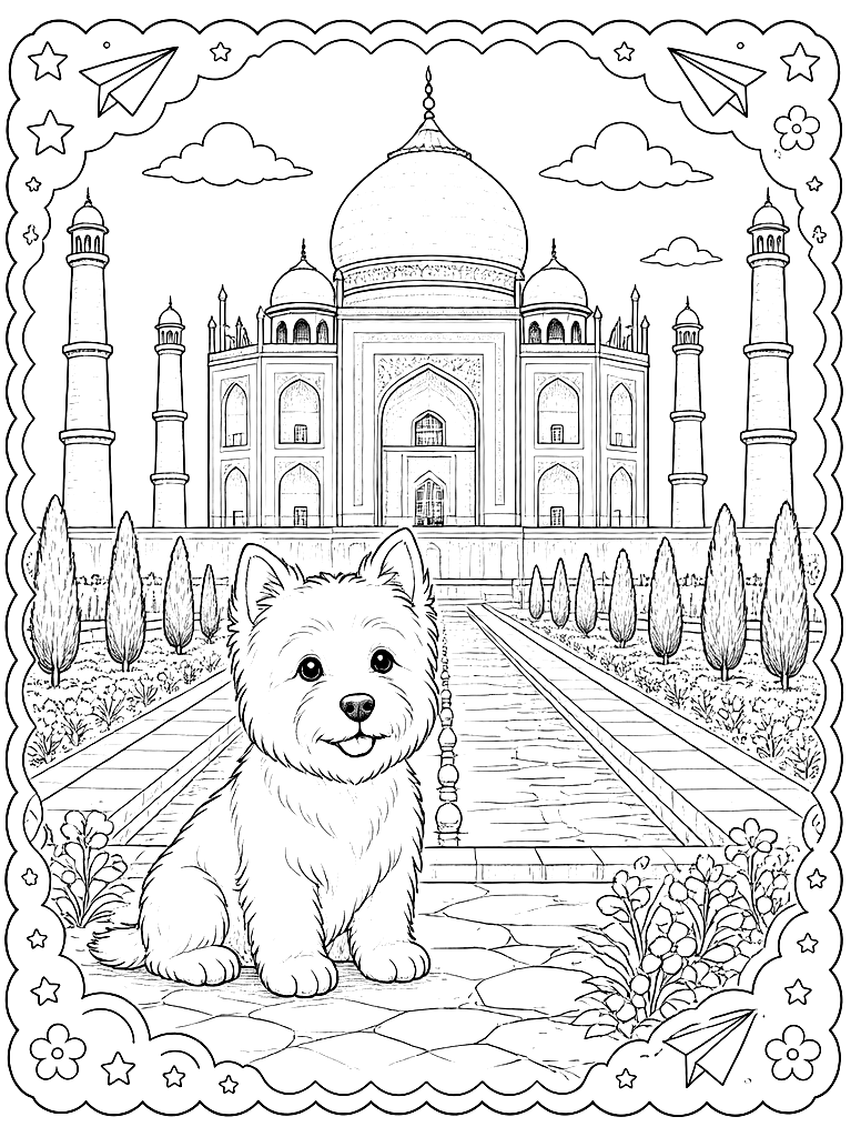 Westie at the Taj Mahal coloring page