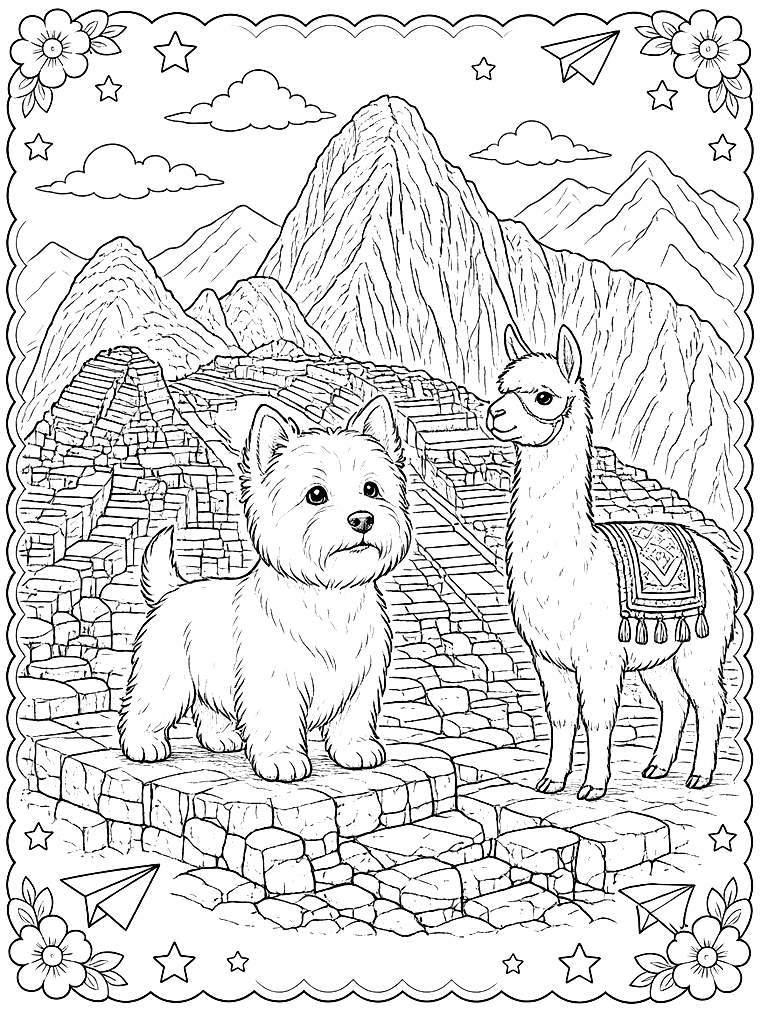 Westie and a Llama at Machu Picchu coloring page