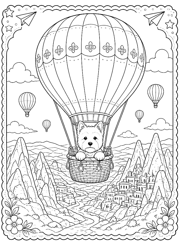 Westie in a Hot Air Balloon coloring page