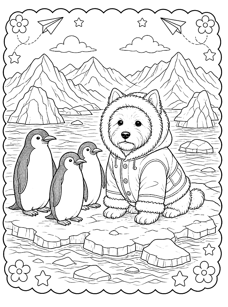 Westie with Penguins in Antarctica coloring page