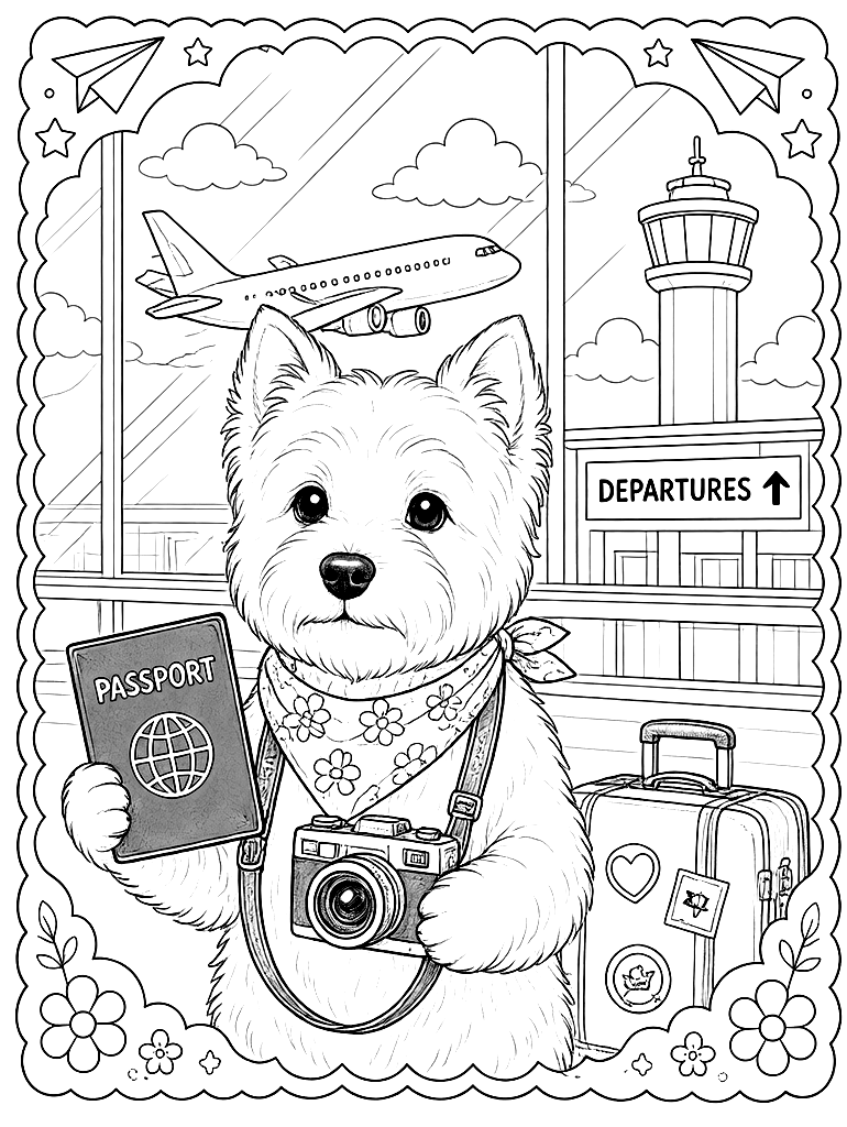 Westie at the Airport coloring page