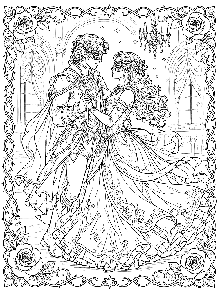 Fae Couple at a Masquerade Ball coloring page