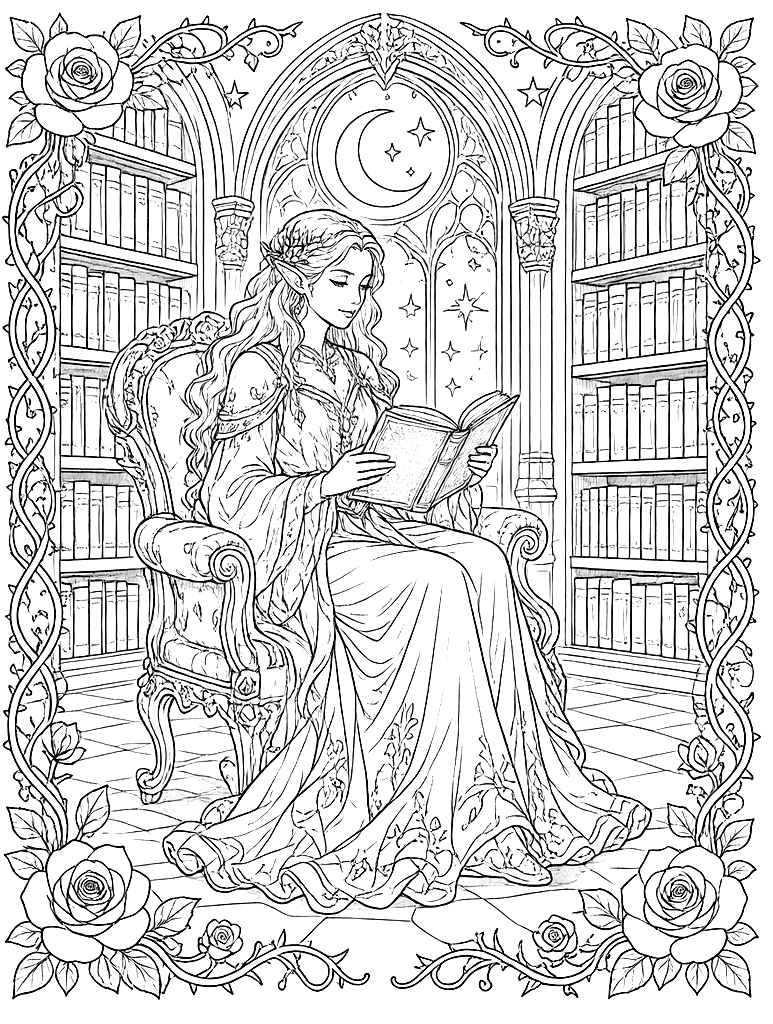 Fae Woman Reading in a Moonlit Library coloring page