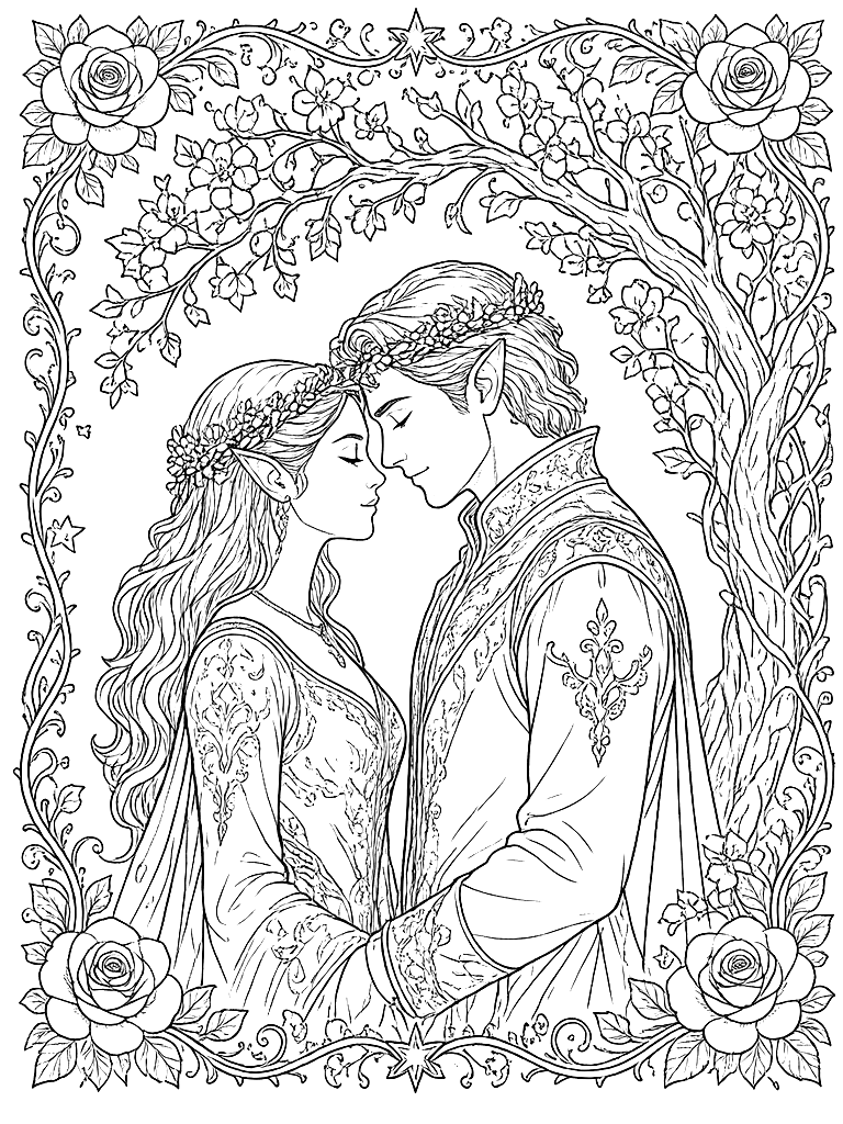 Fae Lovers Under a Blossom Tree coloring page