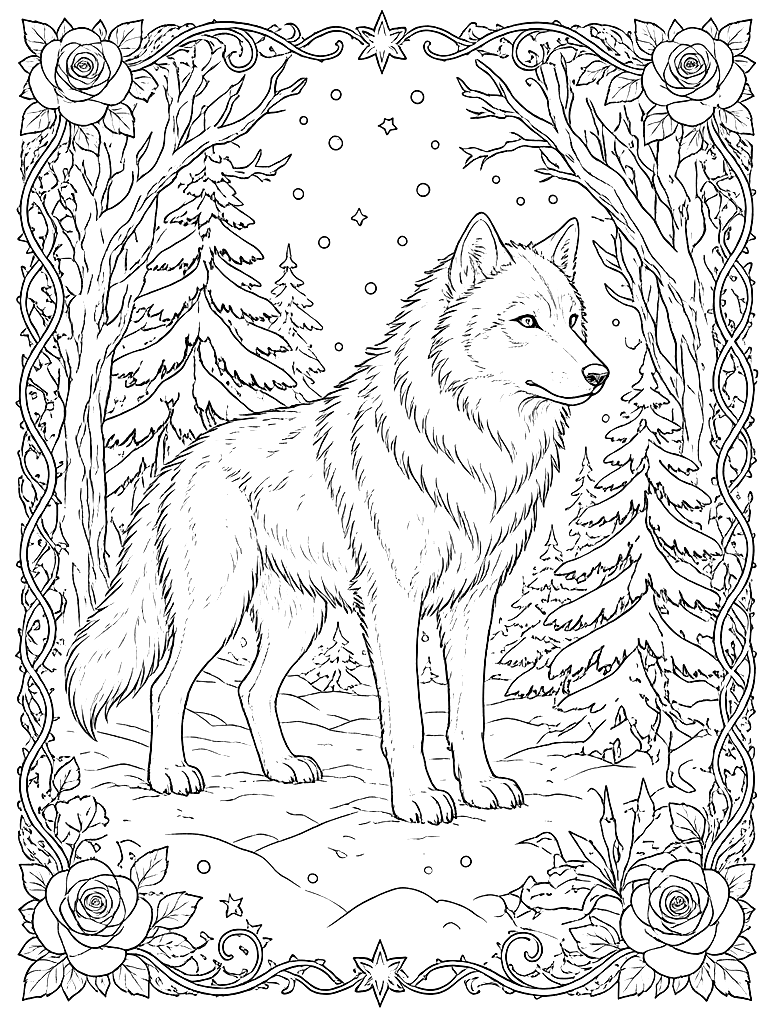 White Wolf in a Snowy Forest coloring page