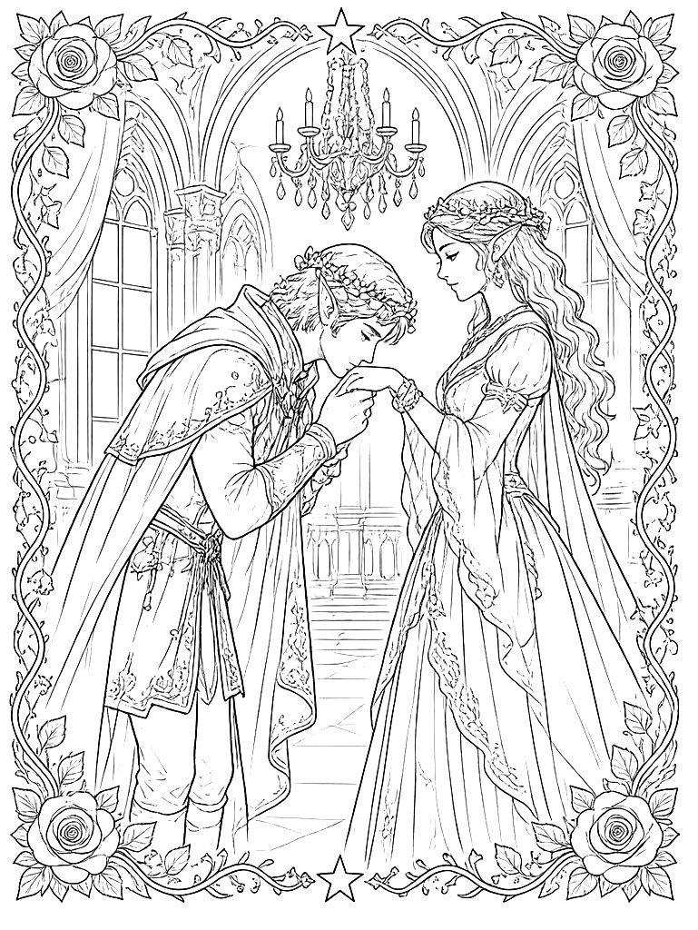 Fae Prince Kissing a Lady's Hand coloring page
