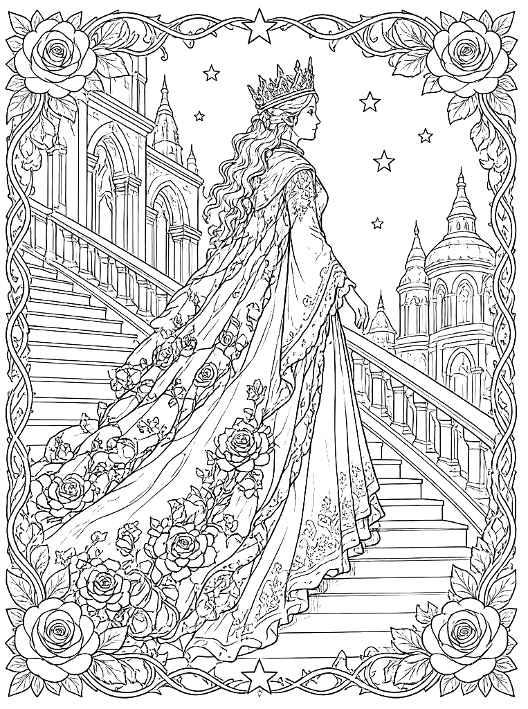 Fae Queen on the Palace Stairs coloring page