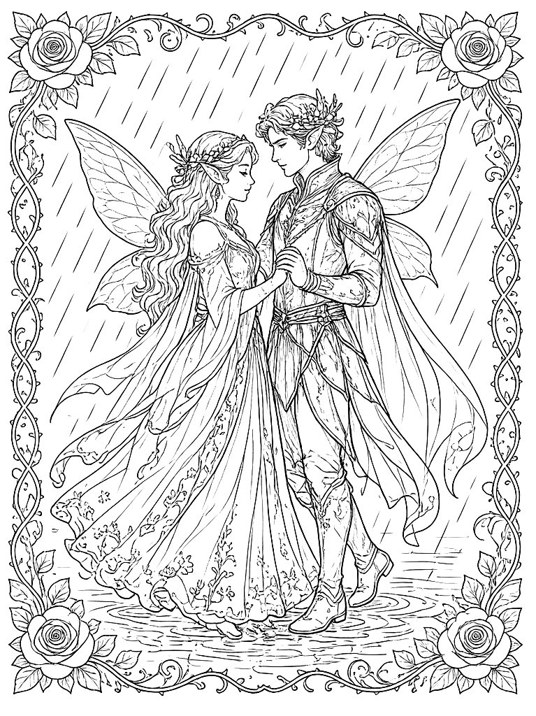 Fae Couple Dancing in the Rain coloring page