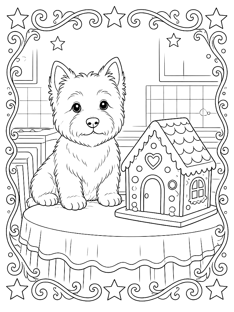 Westie and a Gingerbread House coloring page