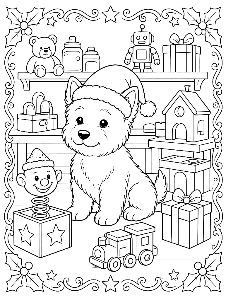Westie in Santa's Workshop coloring page