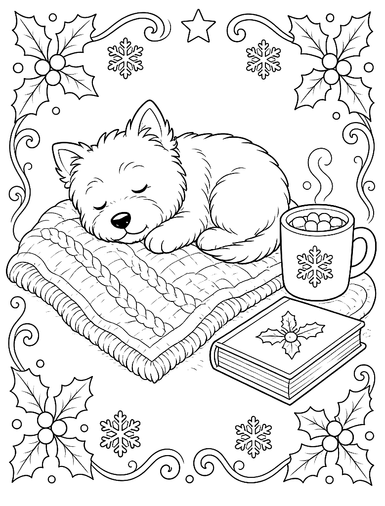 Westie Napping with Hot Cocoa coloring page