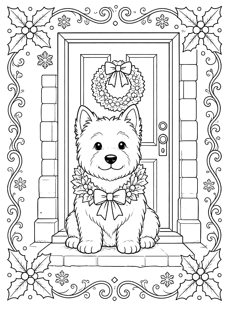 Westie with a Christmas Wreath coloring page