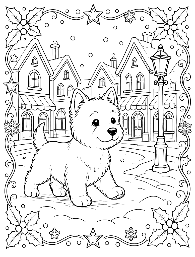 Westie in a Winter Village coloring page