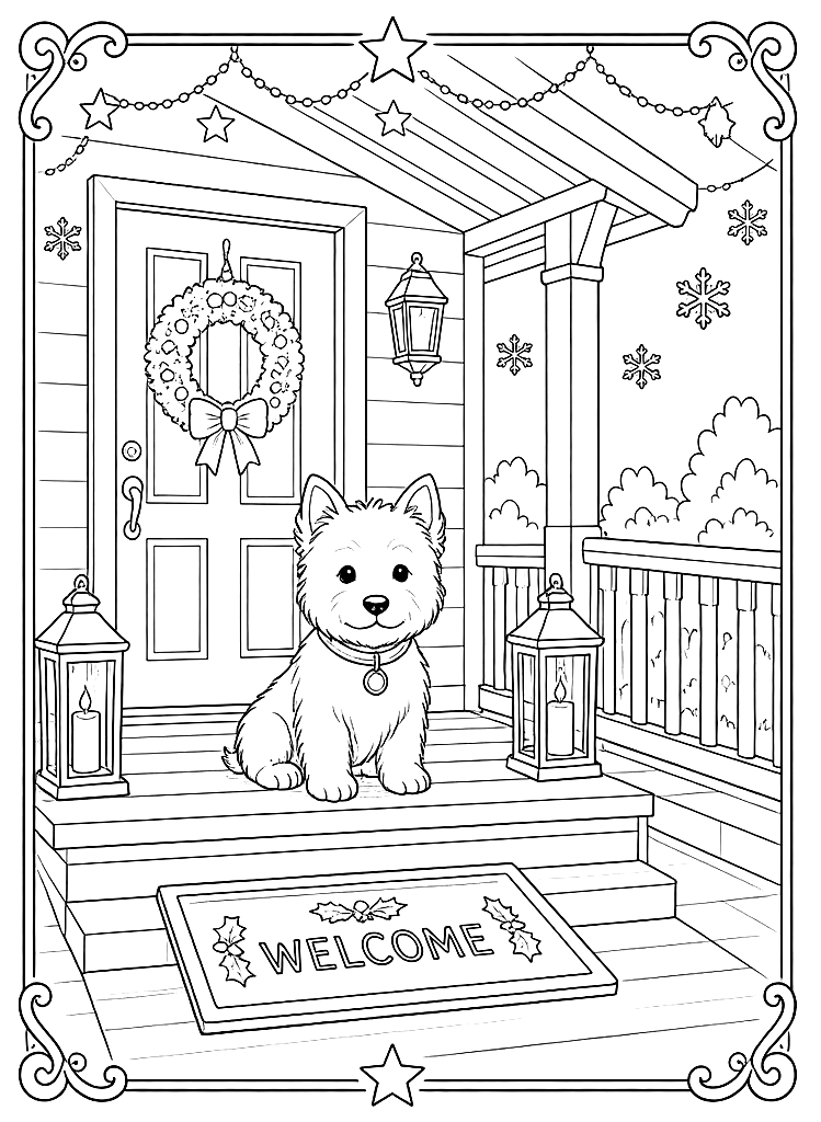 Westie on a Christmas Porch coloring page