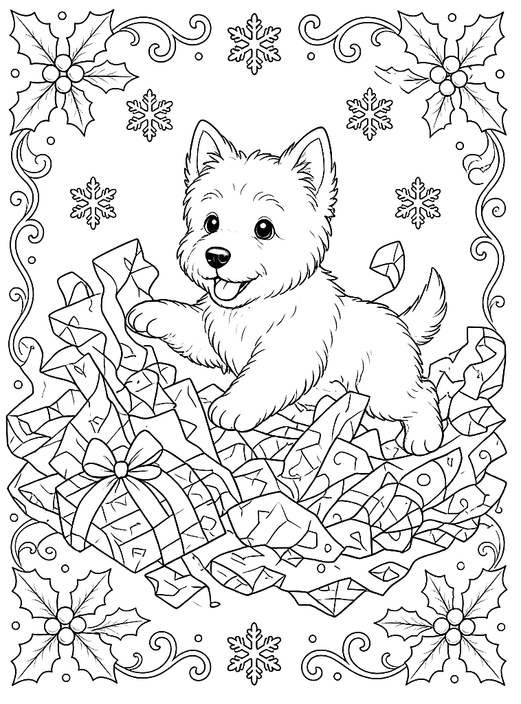 Westie on Christmas Morning coloring page
