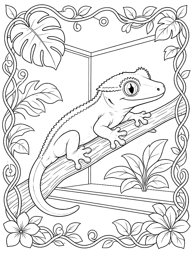 Crested Gecko on a Branch coloring page