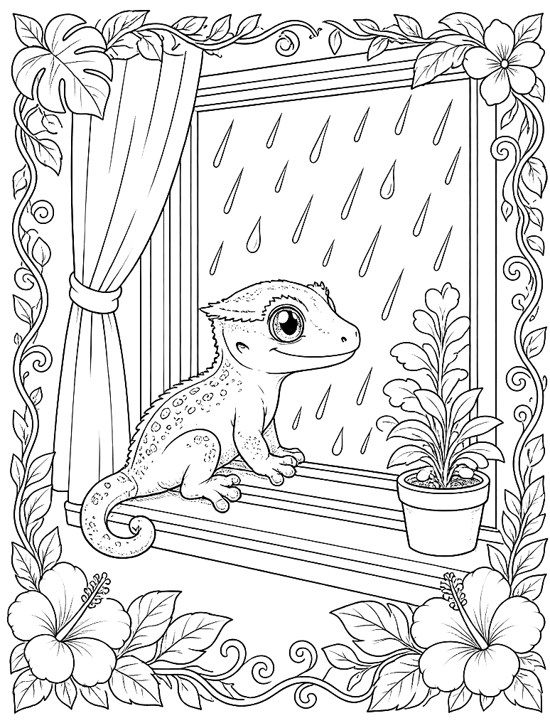 Gecko Watching the Rain coloring page