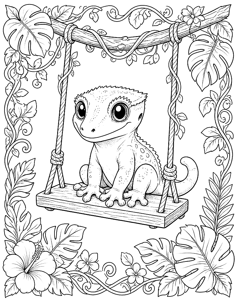 Gecko on a Swing coloring page