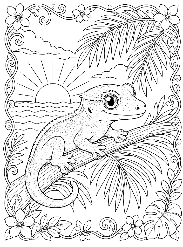 Gecko in the Palms at Sunset coloring page