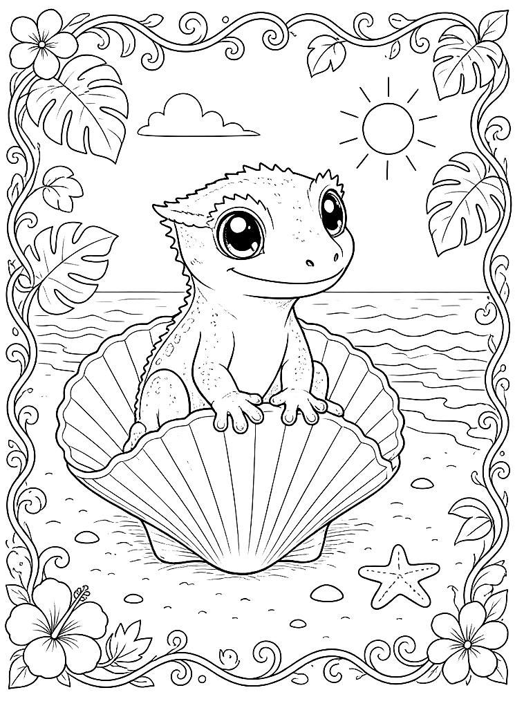 Gecko in a Seashell coloring page